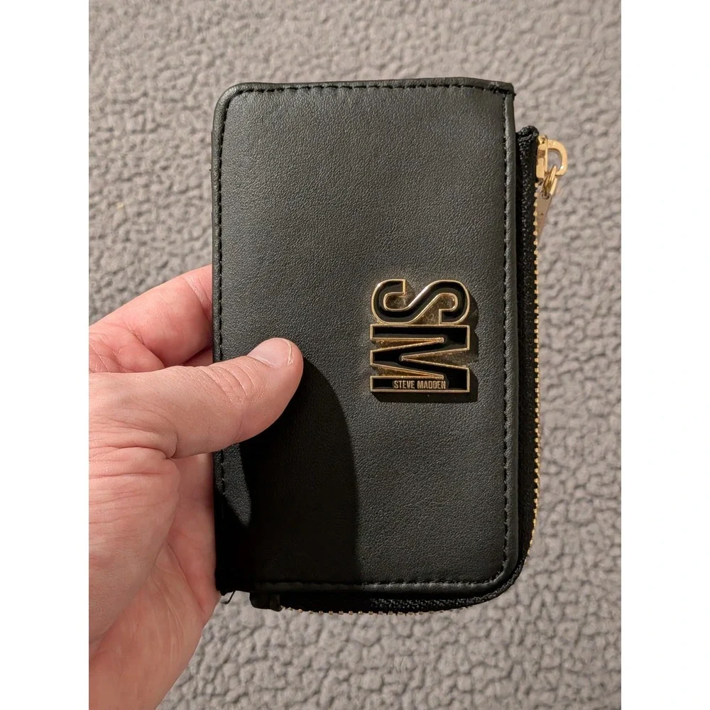 Steve Madden Card Holder / Wallet, Zip Around Coin Purse - Black & Gold